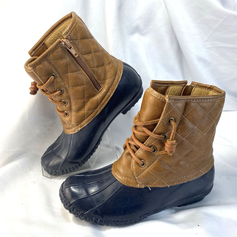 Stevie’s Unisex Kids Brown Quilted Duck Boots Sz 4 (8 3/4") Side Zipper Leather